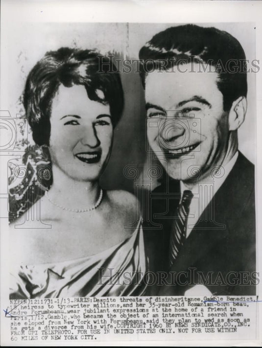 1960 Press Photo Gamble Benedict heiress & beau Andre Porumbeanu in Paris - Historic Images