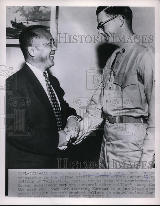 1953 Press Photo South Korean Ambassador You Chan Yang & Cpl Collins - nee88364 - Historic Images