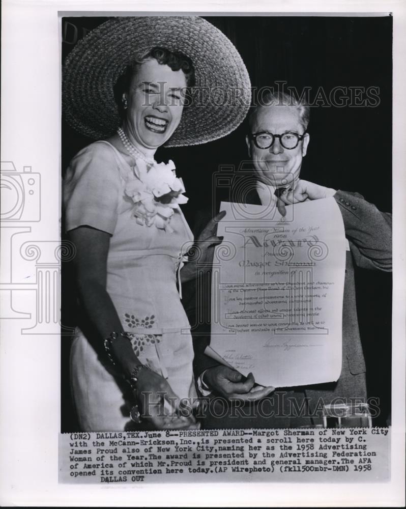 1958 Wire Photo Margot Sherman-Woman of the Year with McCann Erickson - Historic Images