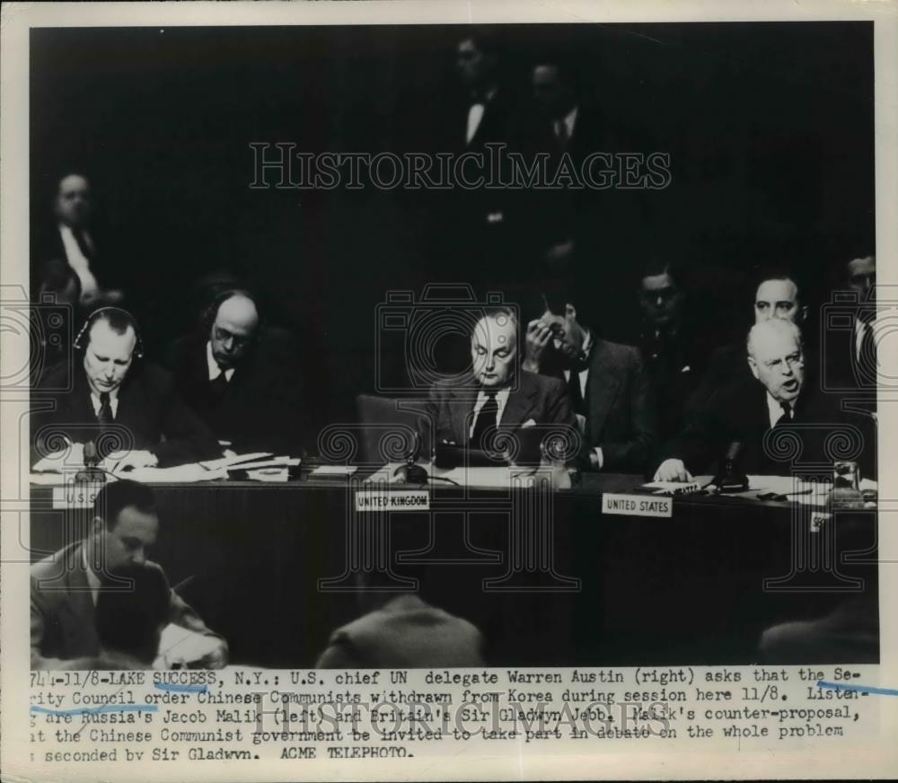 1950 Press Photo UN delegate Warren Austin at Security Council, USSR Jacob Malik - Historic Images