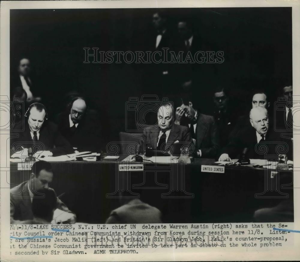 Warren R. Austin 1950 Press Photo UN delegate Warren Austin at Security Council, USSR J ...