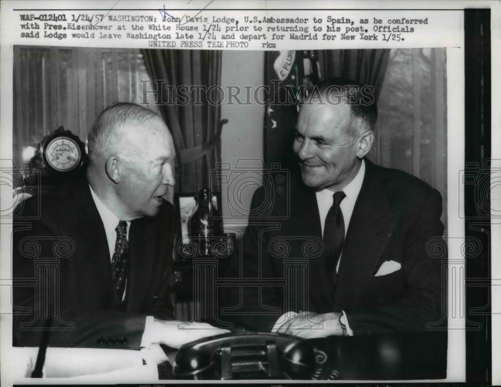 1957 Press Photo President Eisenhower, John David Lodge US Amb to Spain - Historic Images