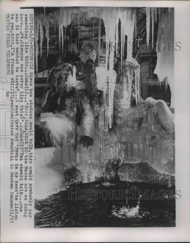 1955 Press Photo Two Statues Olympus and Zeus where covered with Ice - nee89783 - Historic Images