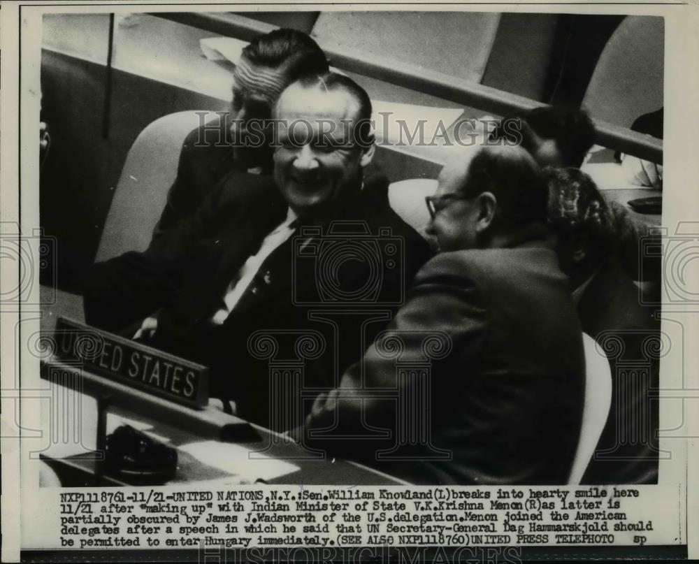 1956 Press Photo Sen. William Knowland, Krishna Menon, and James Wadsworth - Historic Images