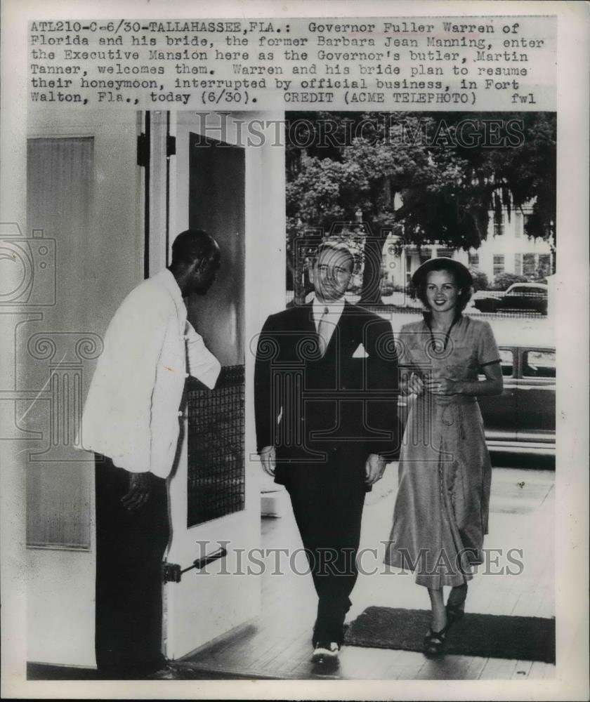 1949 Press Photo Governor Fuller Warren of Florida & bride Barbara J Manning - Historic Images
