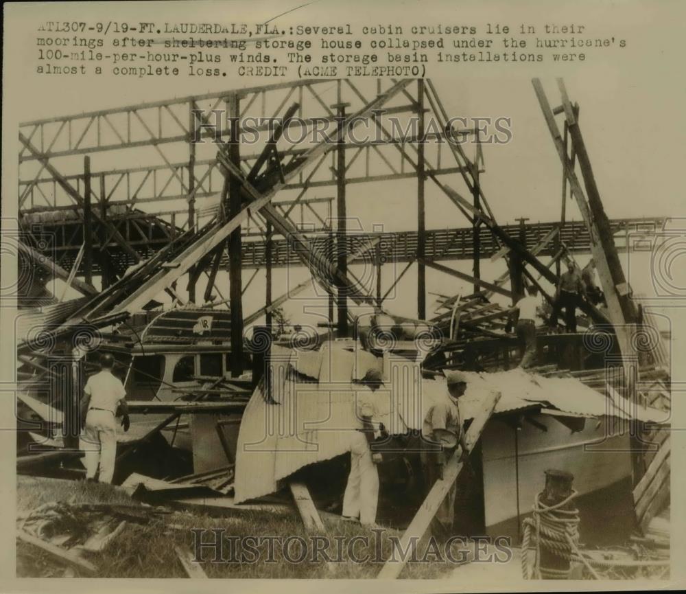 1947 Press Photo Boats in boathouse destroyed by hurricane at Ft Lauderdale Fla - Historic Images