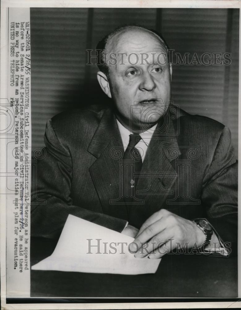 1955 Press Photo Val Peterson Civil Defense Administrator at Senate Armed - Historic Images