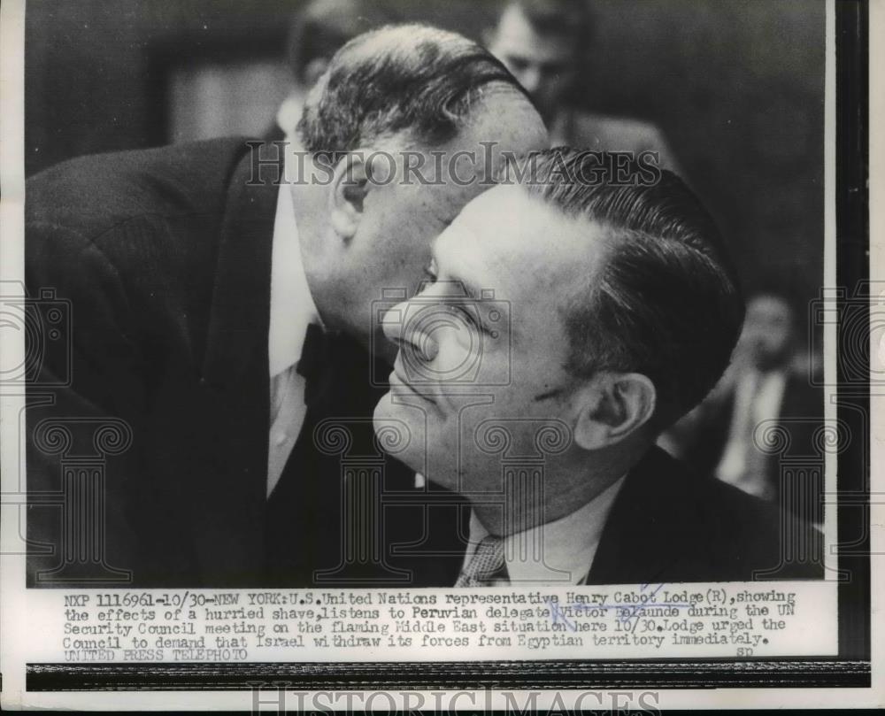 1956 Press Photo Henry Cabot Lodge,U.S. Amb. to U.N. with Victor Belaunde. - Historic Images