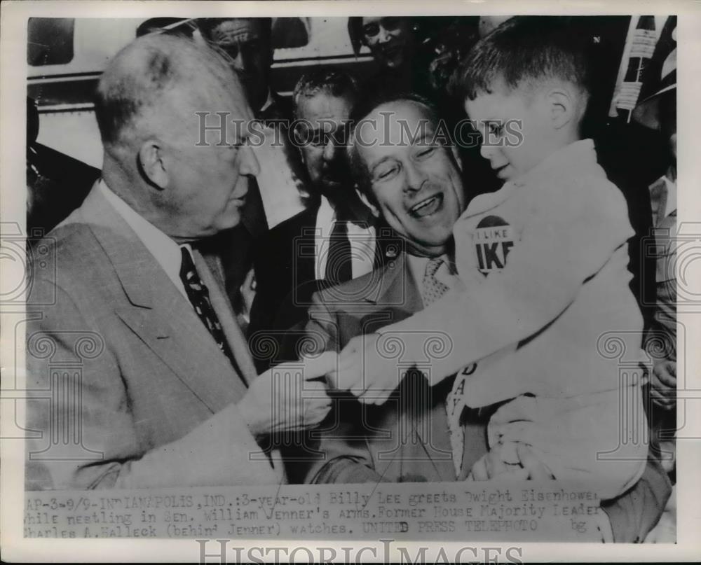 1950 Press Photo Dwight Eisenhower greets Billy Lee with Sen. WIlliam Jenner - Historic Images