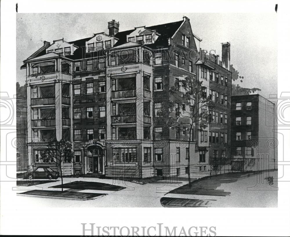 1985 Press Photo Sketch of Stockbridge Hotel, at Euclid, after renovation - Historic Images