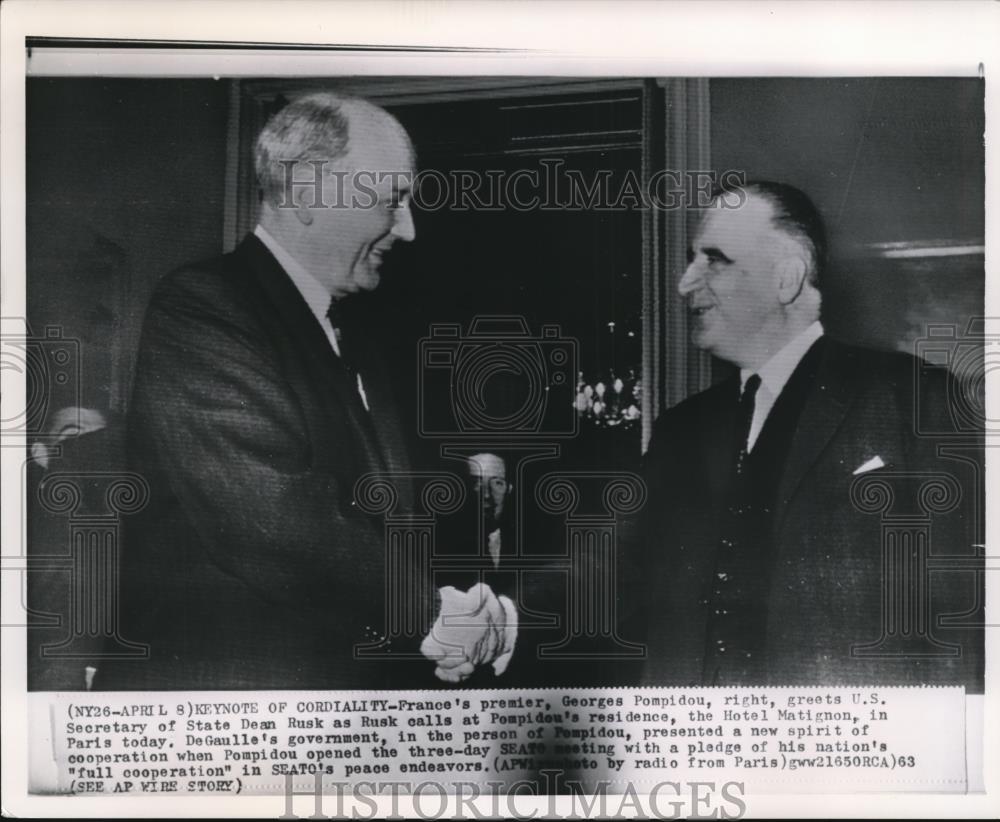 1963 Wire Photo France Premier George Pompidou greets US Sec.of State Dean Rusk - Historic Images