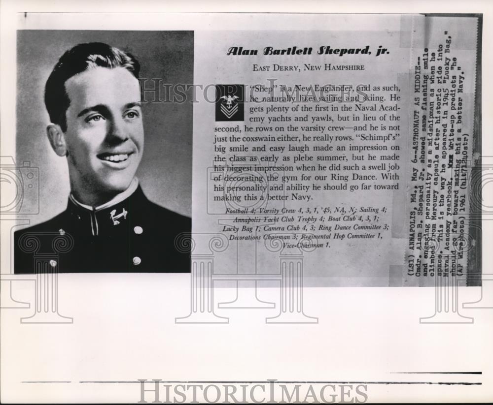 1961 Wire Photo Cmdr. Shepard Jr. as midshipman from Mercury capsule - Historic Images