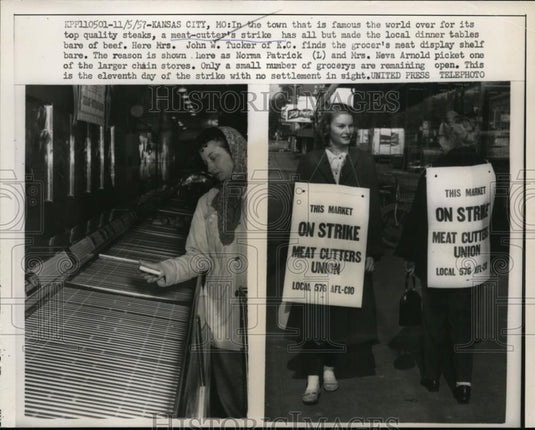 1957 Press Photo Meat cutters strikers at Kansas City Missouri & shoppers - Historic Images