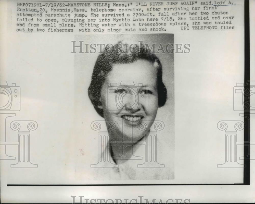 1962 Press Photo Lois A Frotten survived 2700 ft fall in parachute accident - Historic Images