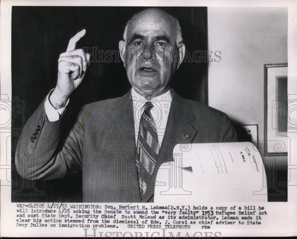 1955 Press Photo Senator Herbert Lehman of New York on Refugee Relief bill - Historic Images