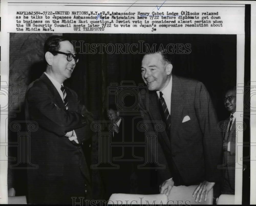 1958 Press Photo Henry Cabot Lodge,U.S. Amb. to UN with Koto Matsudaira of Japan - Historic Images