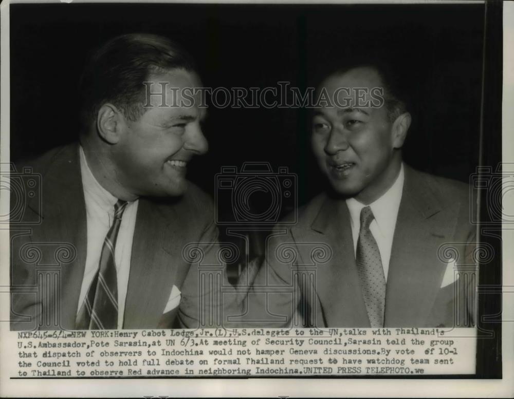 1954 Press Photo US delegate to UN Henry Cabot Lodge & Thailand's Pote Sarasin - Historic Images