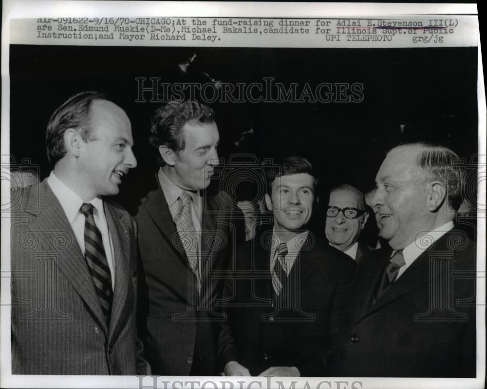 1970 Press Photo Adlai Stevenson Sen. Edmund Muskie Michael Bakalis Mayor Daley - Historic Images