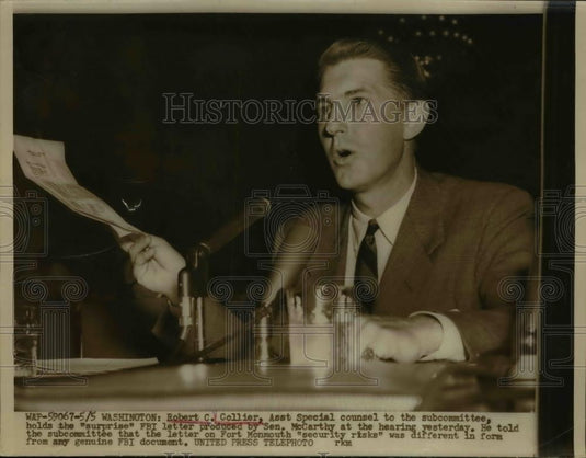 1954 Press Photo Robert C Collier Assistant Special counsel at Senate hearing - Historic Images