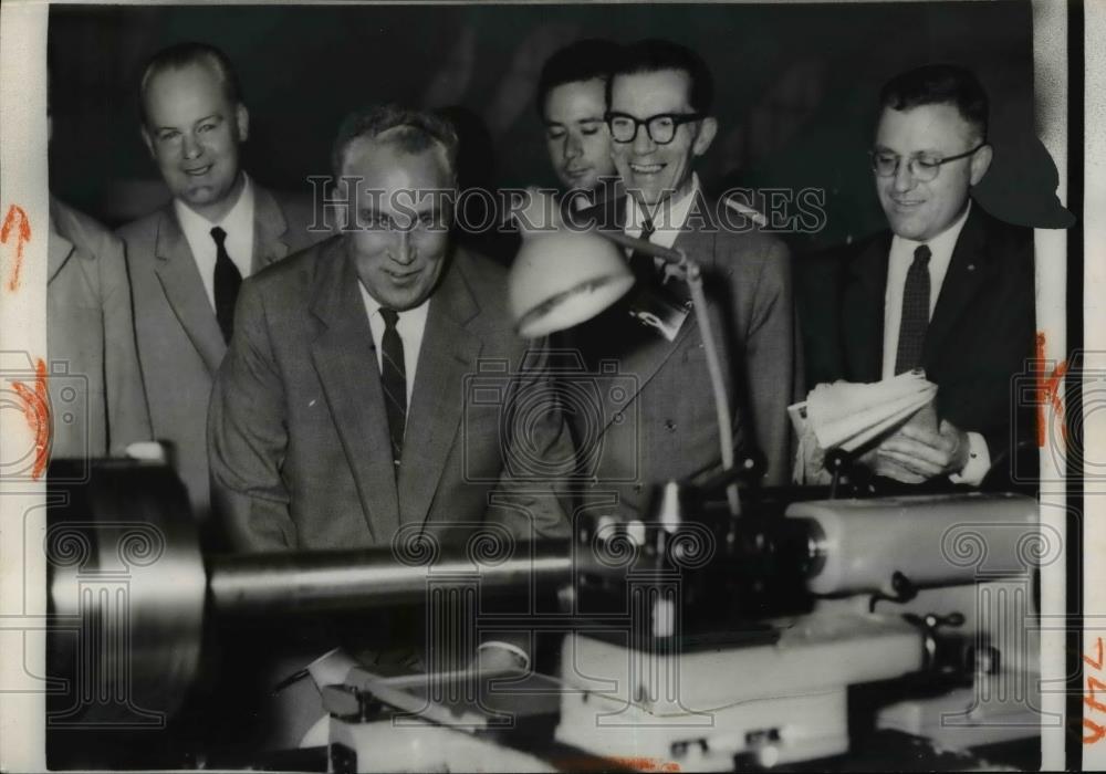 1959 Press Photo Krol Kozlov, Soviet First Deputy Premier inspect at the Lathe . - Historic Images