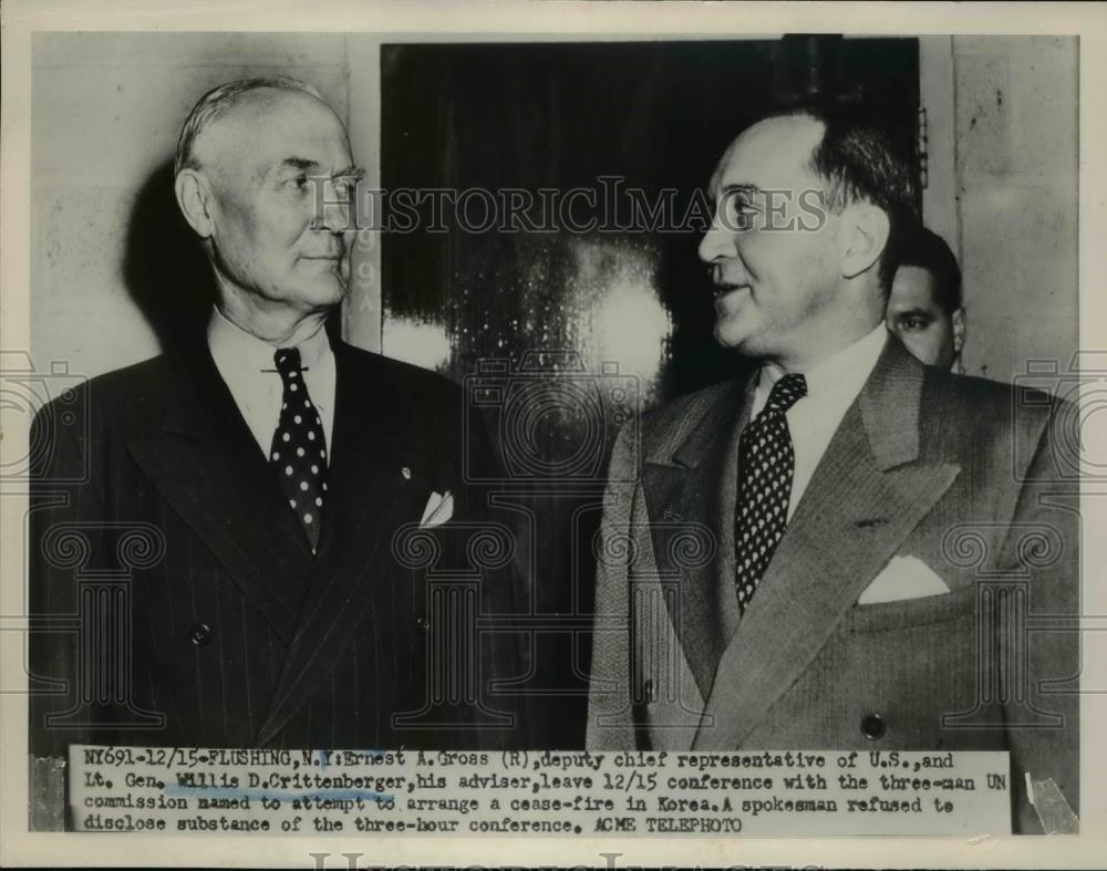 1950 Press Photo Ernest A Gross , Lt Gen Willis Crittenberger at UN in NY - Historic Images