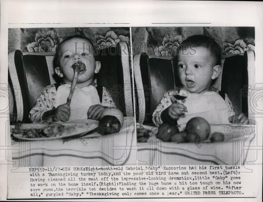 1952 Press Photo Gabriel Gaby Yaccorino age 8 months at Thanksgiving in NYC - Historic Images