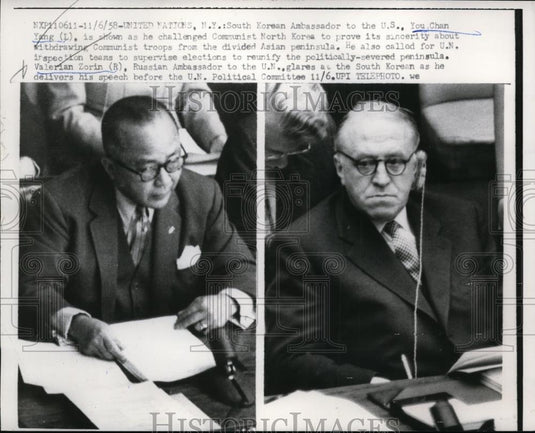 1958 Press Photo S Korea ambassador You Chan Yang & Soviet Valerian Zorin at UN - Historic Images