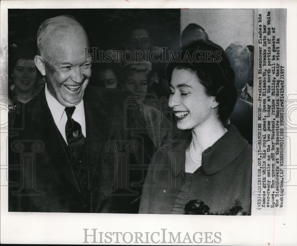 1957 Wire Photo President Eisenhower w/ Queen Elizabeth at White House - Historic Images