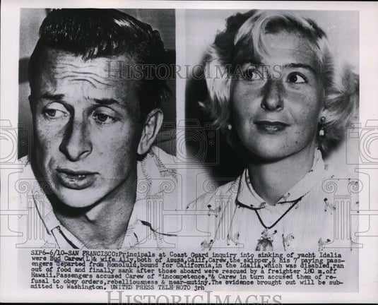 1954 Press Photo Bud Carew and Ally on Coast Guard Inquiry into sinking Idalia - Historic Images