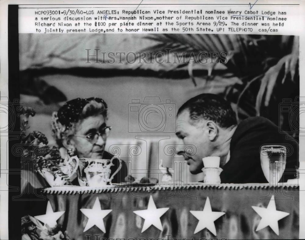 1960 Press Photo Henry Cabot Lodge discussion with Mrs. Hannah Nixon. - Historic Images