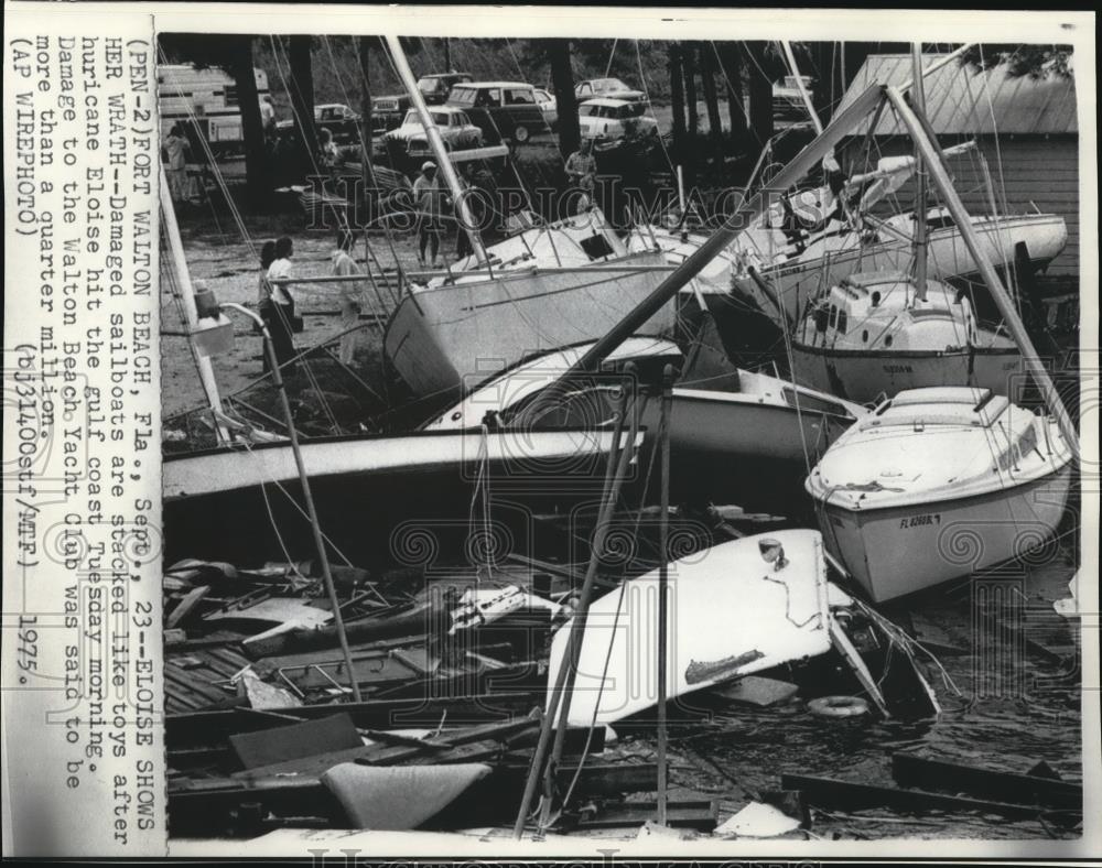 1975 Wire Photo Damaged Sailboats Stacked like Toys After Hurricane Eloise - Historic Images