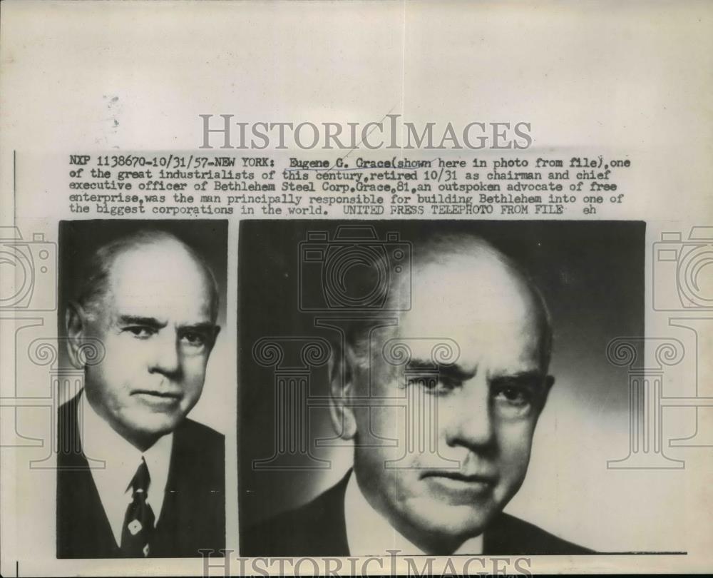 1957 Press Photo Eugene Grace officer of Bethlehem Steel Corporation in NY - Historic Images