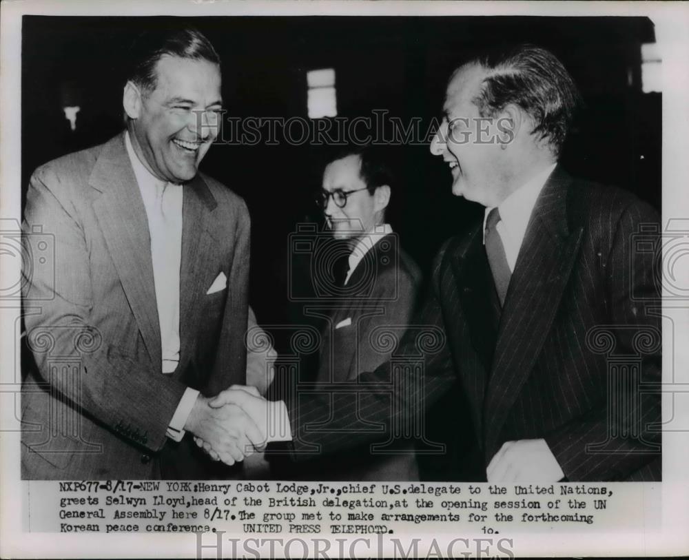 1953 Press Photo Henry Cabot Lodge Jr. greets Seldwyn Lloyd of Britain. - Historic Images