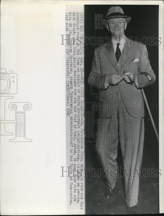 1940 Wire Photo Nazi Agent Dr Friederich Ried sails for his new post in Kobe - Historic Images