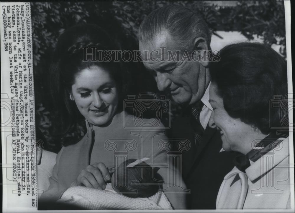 1968 Wire Photo Mrs. Lynda Robb with her new baby Lucinda at the White House - Historic Images