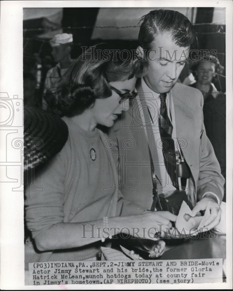 1949 Wire Photo Movie actor Jimmy Stewart &amp; bride Gloria Hatrick McLean - Historic Images