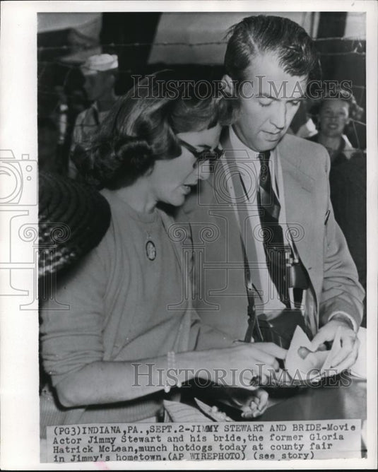 1949 Wire Photo Movie actor Jimmy Stewart & bride Gloria Hatrick McLean - Historic Images