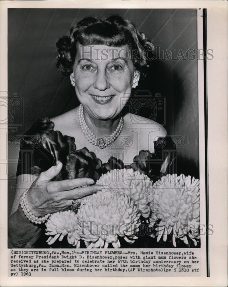 1963 Wire Photo Mrs Mami Eisenhower poses with giant mum flowers she received - Historic Images