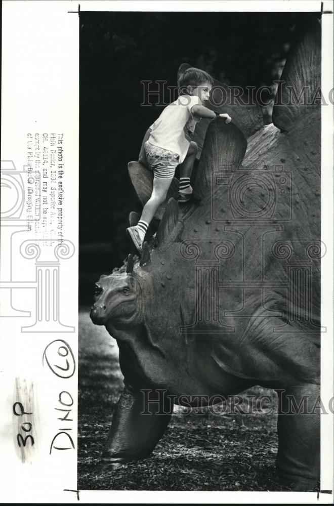 1988 Press Photo Five year old Rudy Barry III up the stegosaurus model - Historic Images