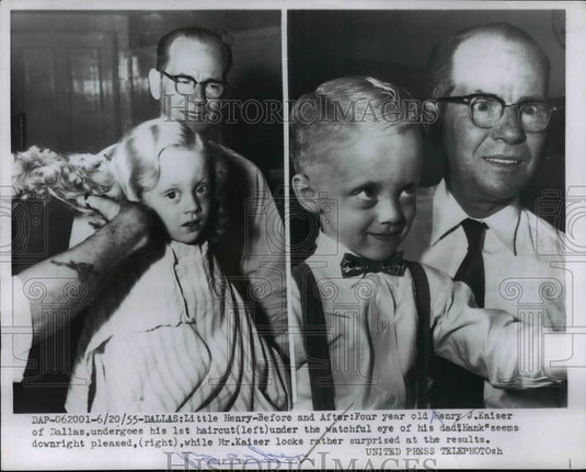 1955 Press Photo Henry J Kaiser age 4 before & after haircut in Dallas Texas - Historic Images