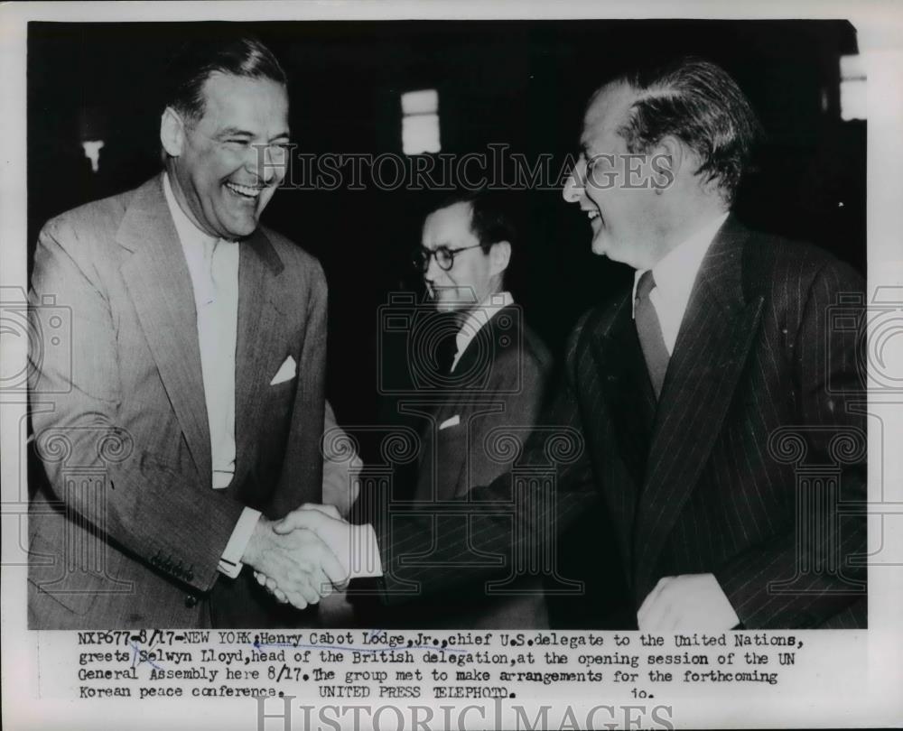 1953 Press Photo US Ambassador to UN Henry Cabot Lodge, Selwyn Lloyd of Britain - Historic Images