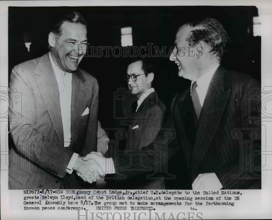 1953 Press Photo US Ambassador to UN Henry Cabot Lodge, Selwyn Lloyd of Britain - Historic Images