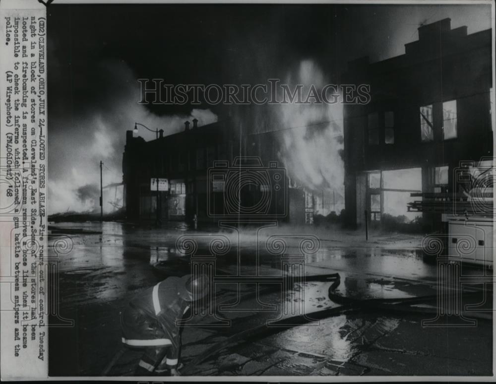 1968 Wire Photo Fire out of control in block of stores on Cleveland&#39;s East Side - Historic Images