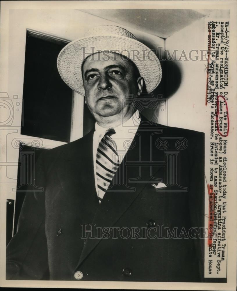 1949 Press Photo James Bruce U.S Ambassador to Argentine arrived at White House - Historic Images