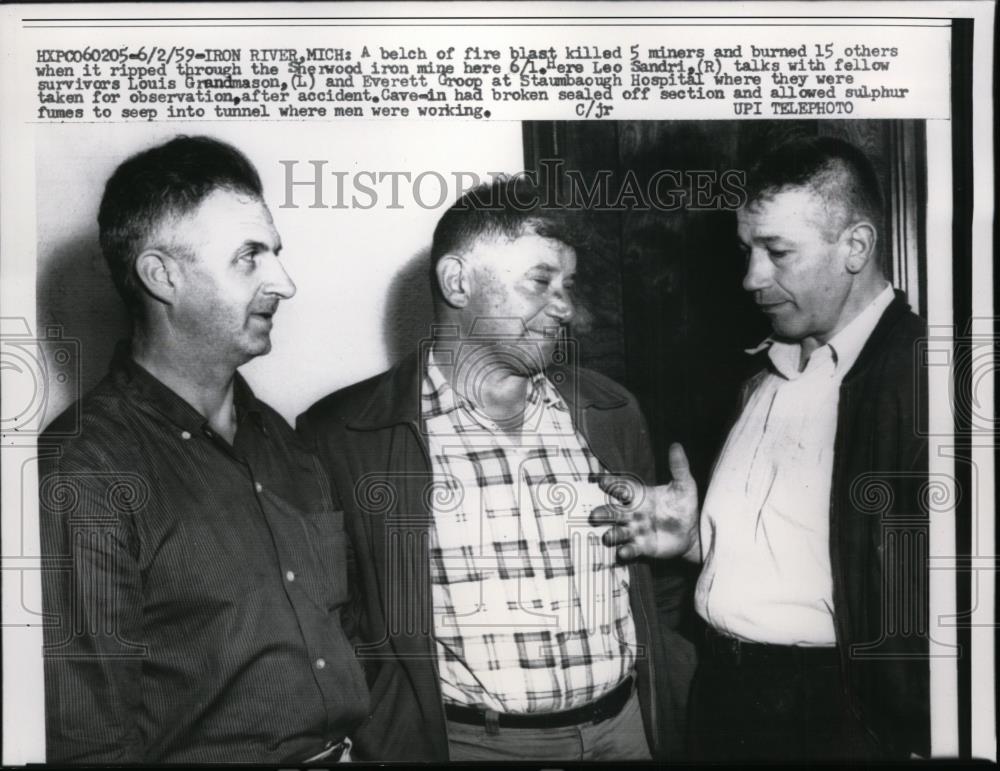 1959 Press Photo Leo Sandri, Louis Grandmason, Everett Groop Iron River mine - Historic Images