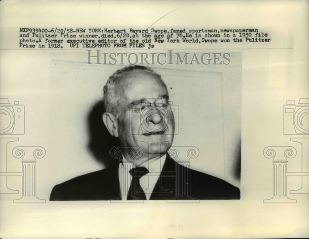 1958 Press Photo Herbert Bayard Swope, Famed sportsman and newspaperman. - Historic Images