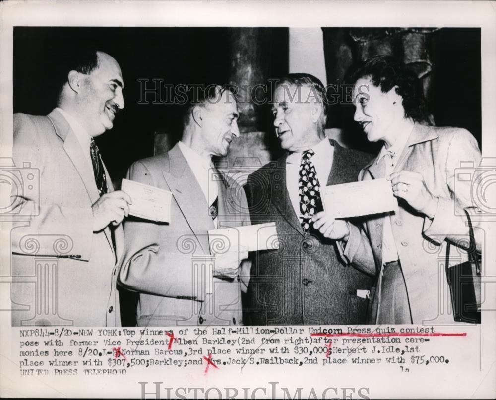 1953 Press Photo Unicorn Press quiz contest winnersNorman Barcus,Mrs J Bailback - Historic Images