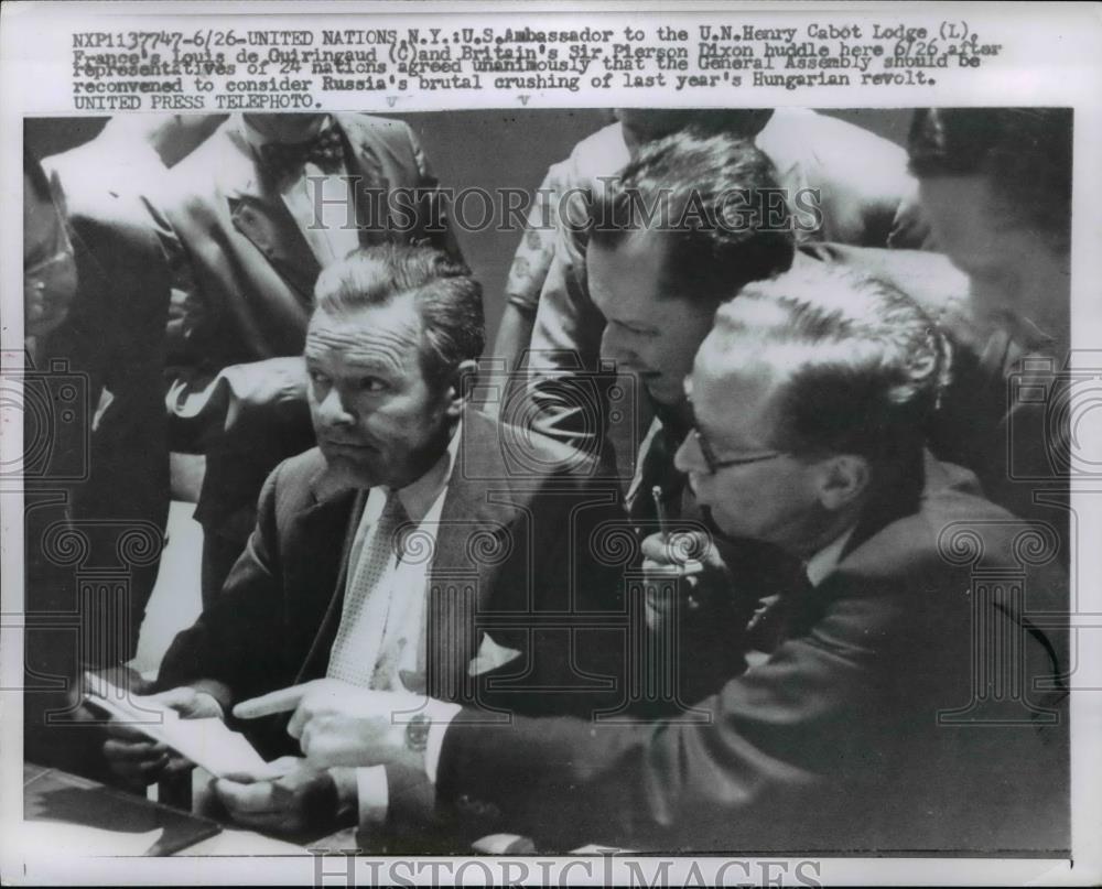 1957 Press Photo US UN Ambassador Henry Cabot Lodge, French Louis de Guiringaud - Historic Images