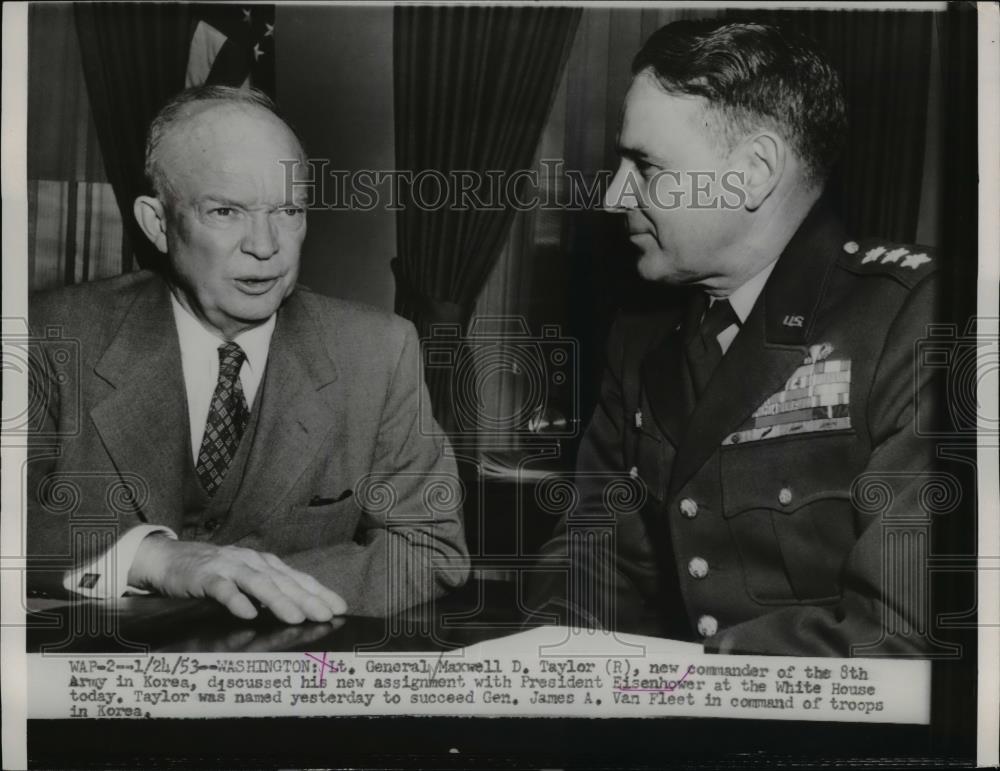 1953 Press Photo President Eisenhower & Lt Gen Maxwell Taylor at Washi ...