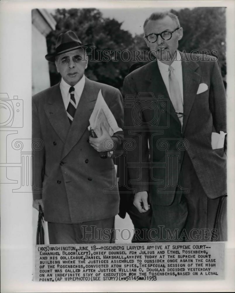 1953 Wire Photo Emmanuel Bloch, chief counsel for Julius &amp; Ethel Rosenburg - Historic Images